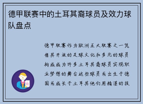 德甲联赛中的土耳其裔球员及效力球队盘点