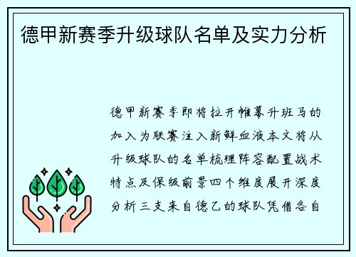 德甲新赛季升级球队名单及实力分析